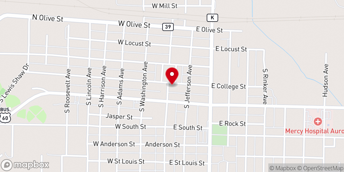 Map showing location of First Presbyterian Church of Aurora, MO