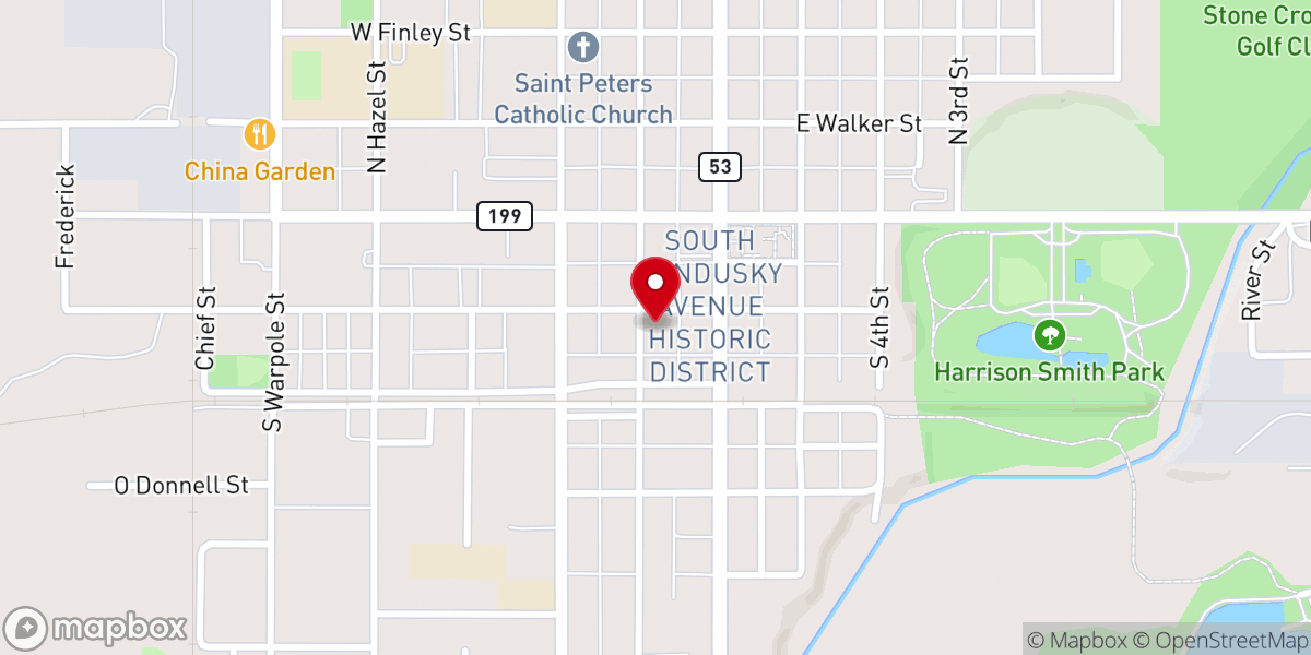 Map showing location of First Presbyterian Church, Upper Sandusky OH