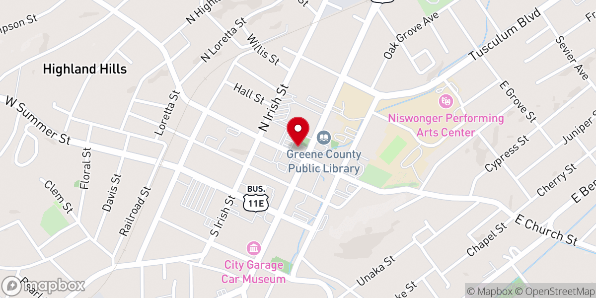 Map showing location of Greeneville Cumberland Presbyterian Church