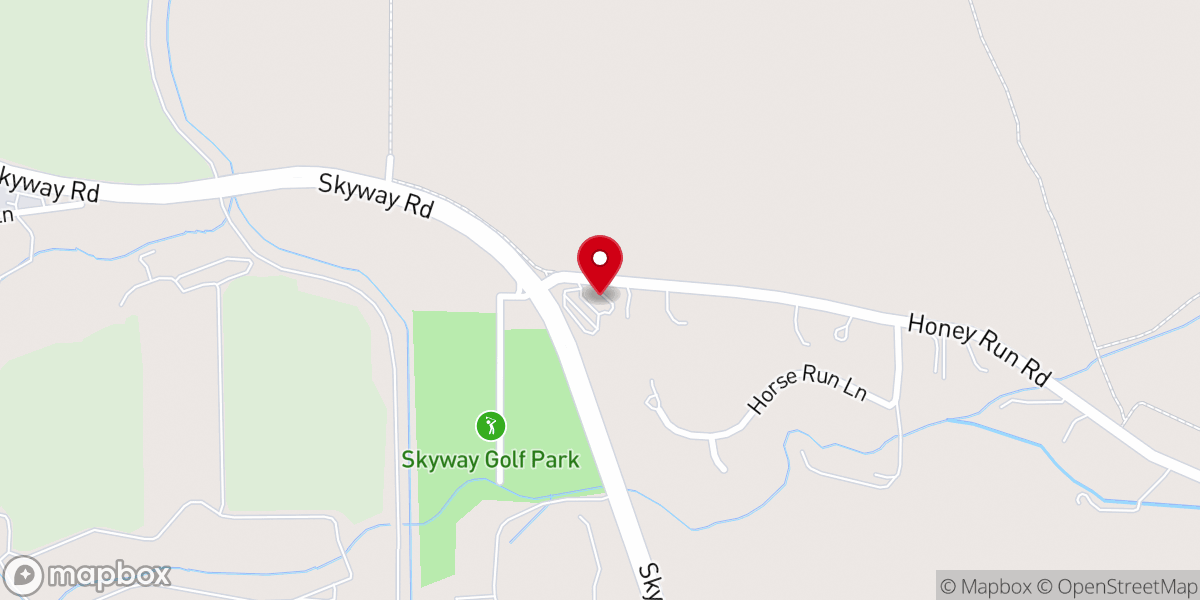 Map showing location of Kingdom Hall of Jehovah’s Witnesses--Bidwell Park, Mariposa, Paradise Pines, Manzanita Spanish, & Skyway Spanish