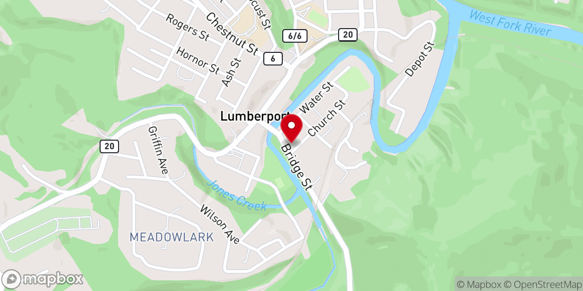Map showing location of Lumberport United Methodist Church