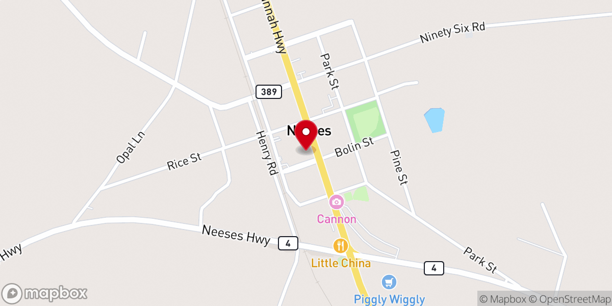 Map showing location of Neeses Baptist Church