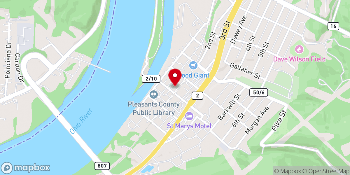 Map showing location of Pleasants County Development Authority, Chamber of Commerce and Convention & Visitors Bureau