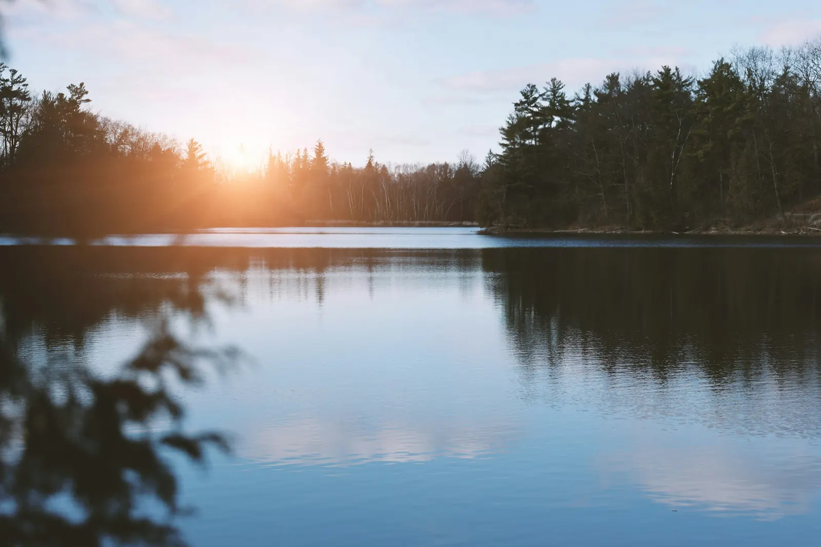 Calm lake at sunrise with pine trees reflected in the water